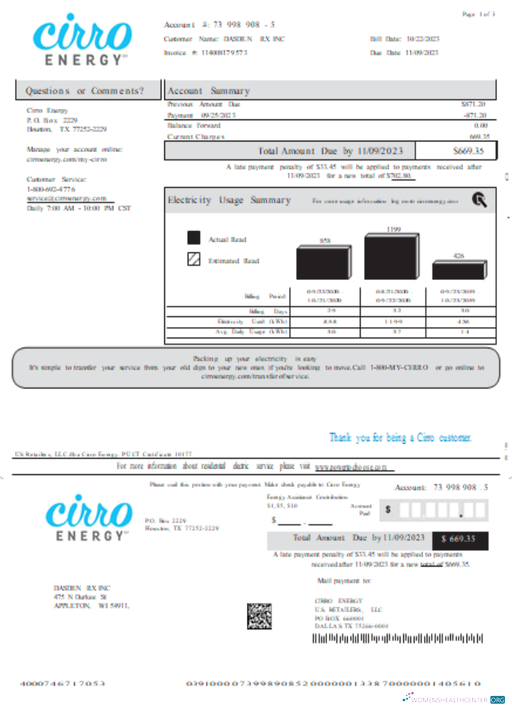 Download Texas Cirro Energy utility business bill, page 1 SCR Photoshop template